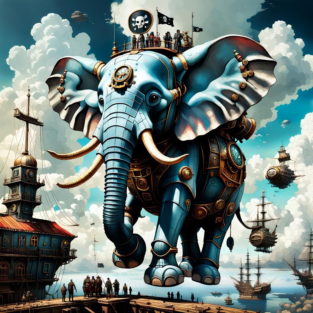 Robot Elephant Pirate Airship in Steampunk Fantasy