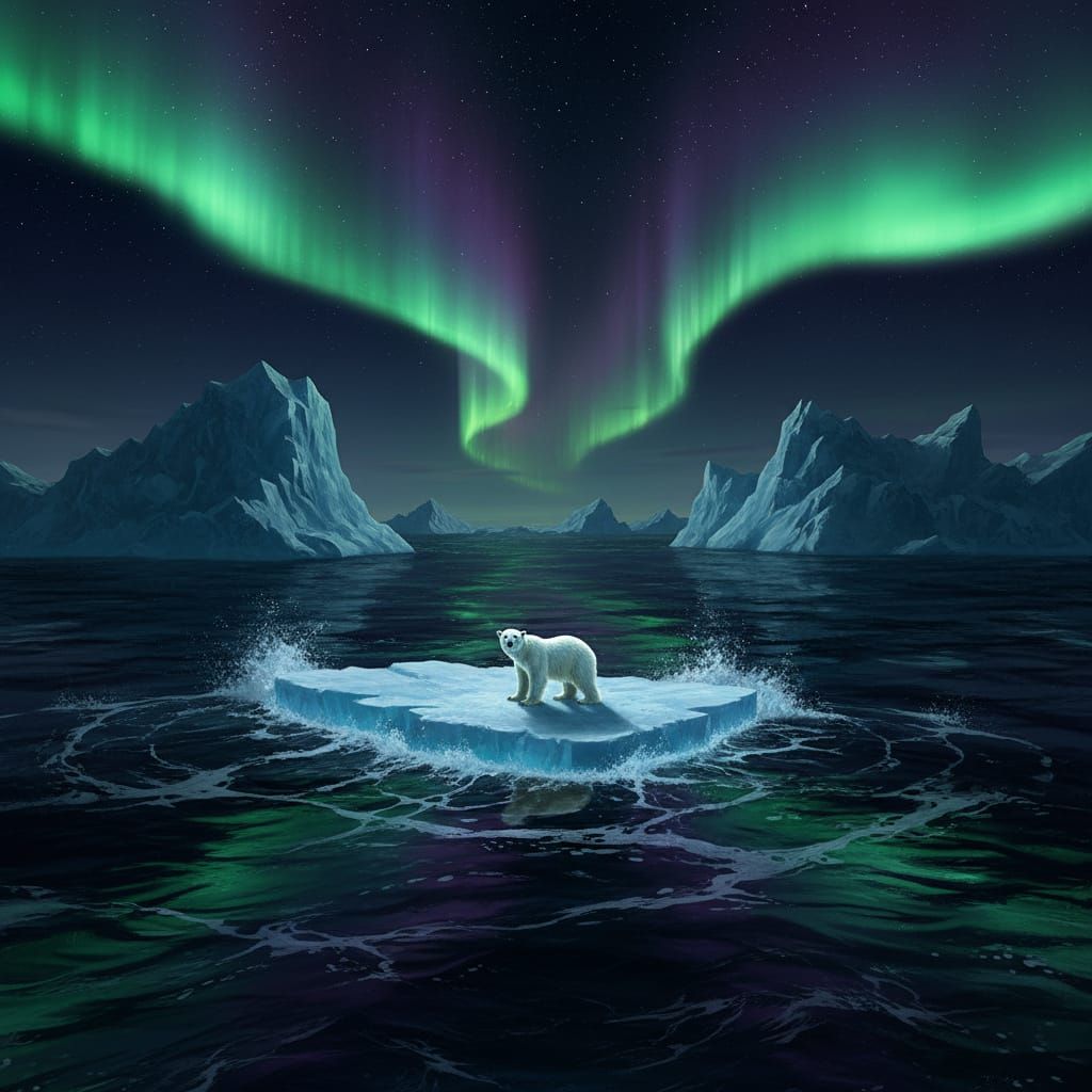 Polar Bear Under Aurora Borealis in Surreal Ocean