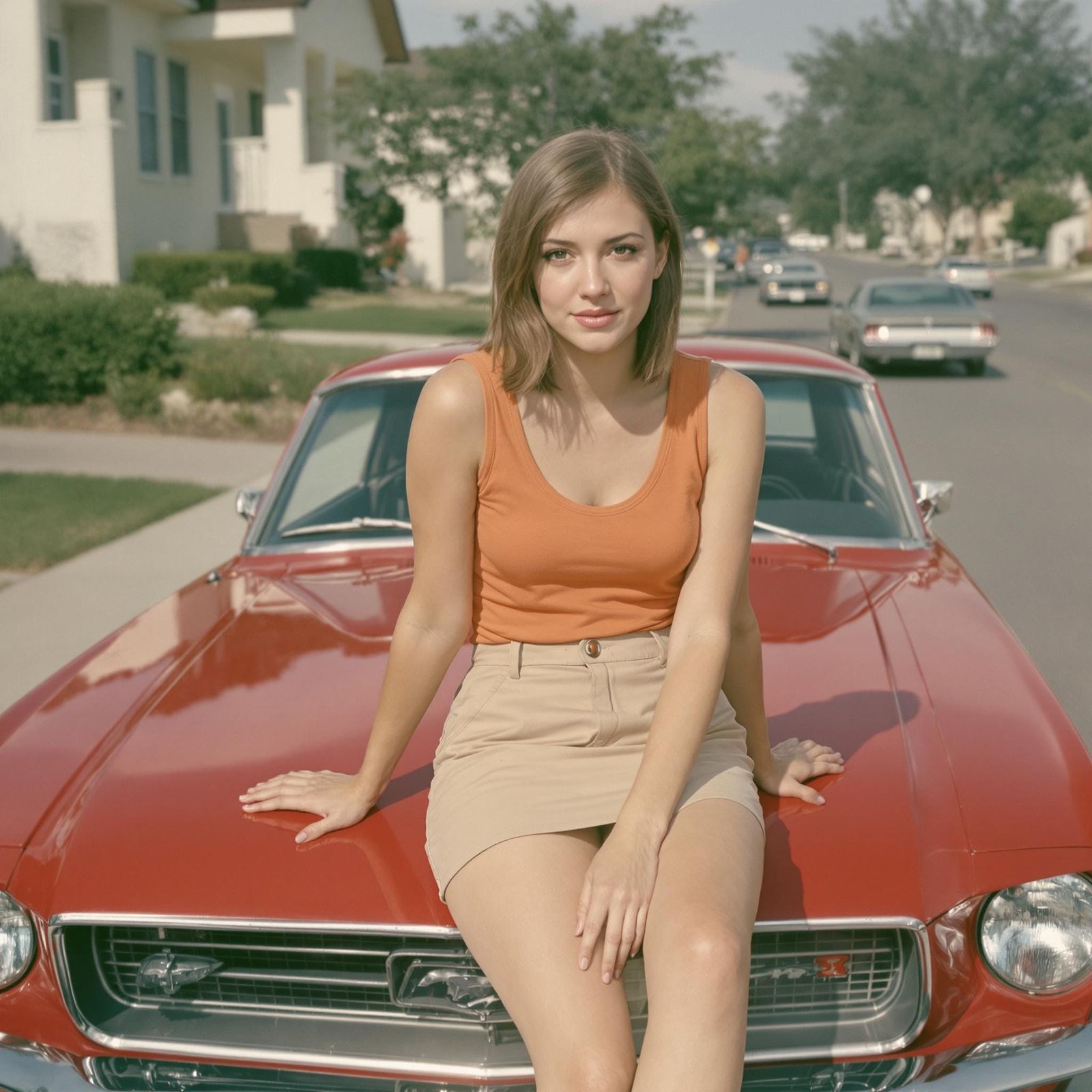 Young Woman in 1960s Style on a Classic Red Mustang