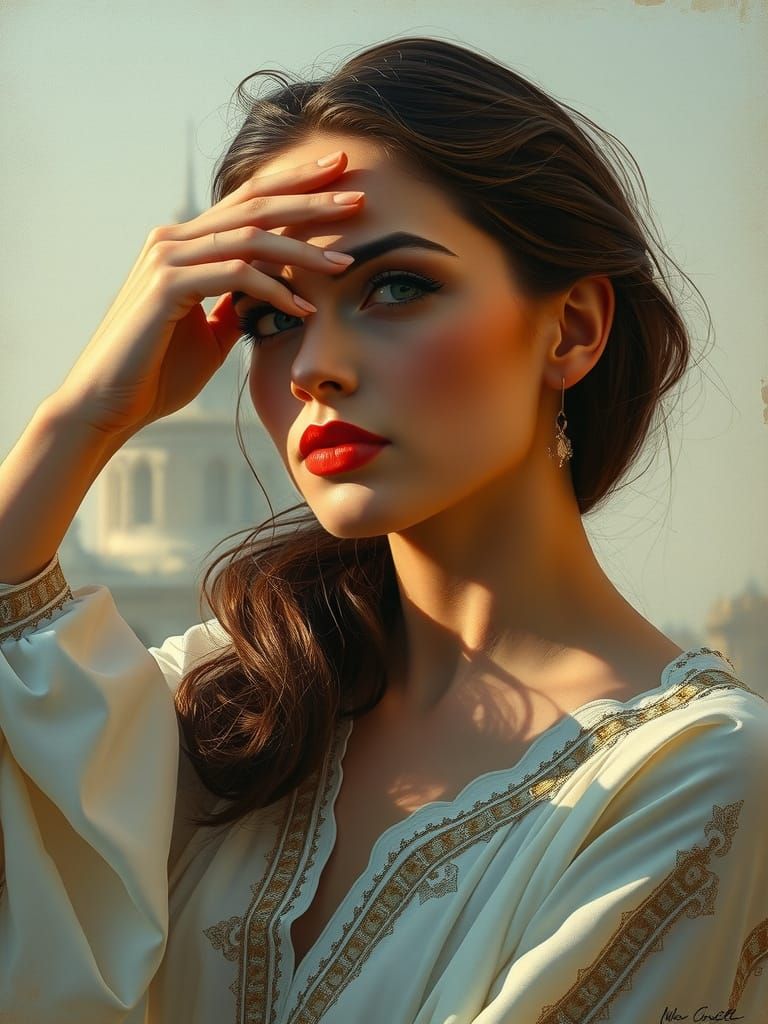 Ethereal Portrait of a Contemplative Woman in Flowing White
