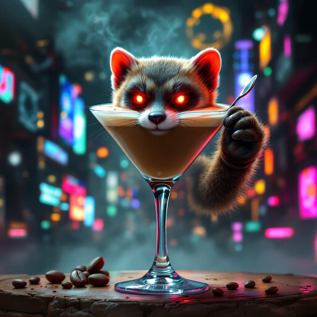 Cyberpunk Espresso Martini Creature Emerges from Smoky Disco...