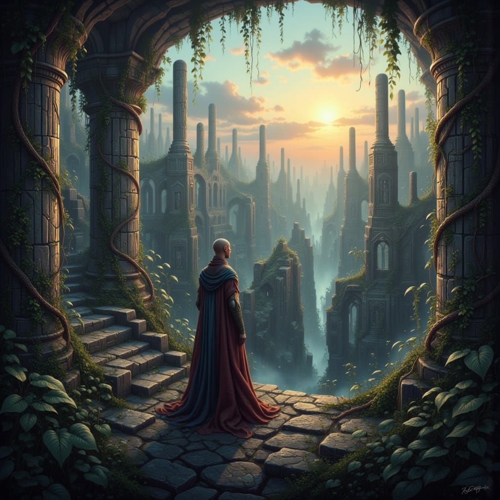 Tattered King Surveys Overgrown Kingdom at Sunset