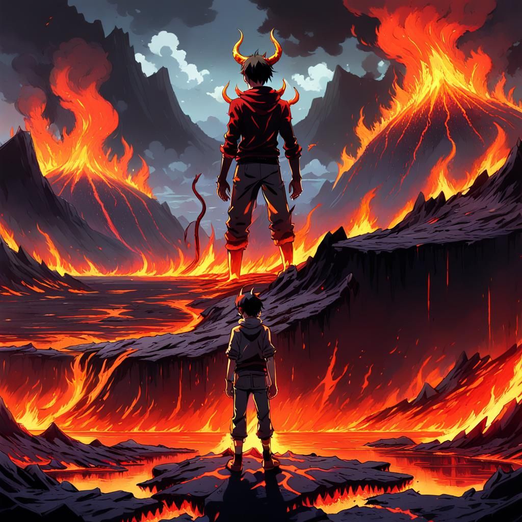 Anime Boy with Devil Horns by Lava Lake