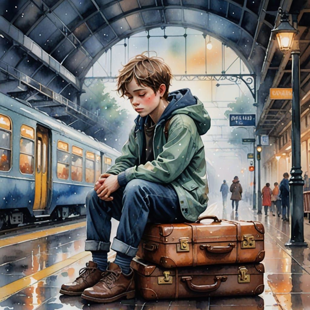 Sleepy Boy Rests on Suitcases in Dreamy Train Station
