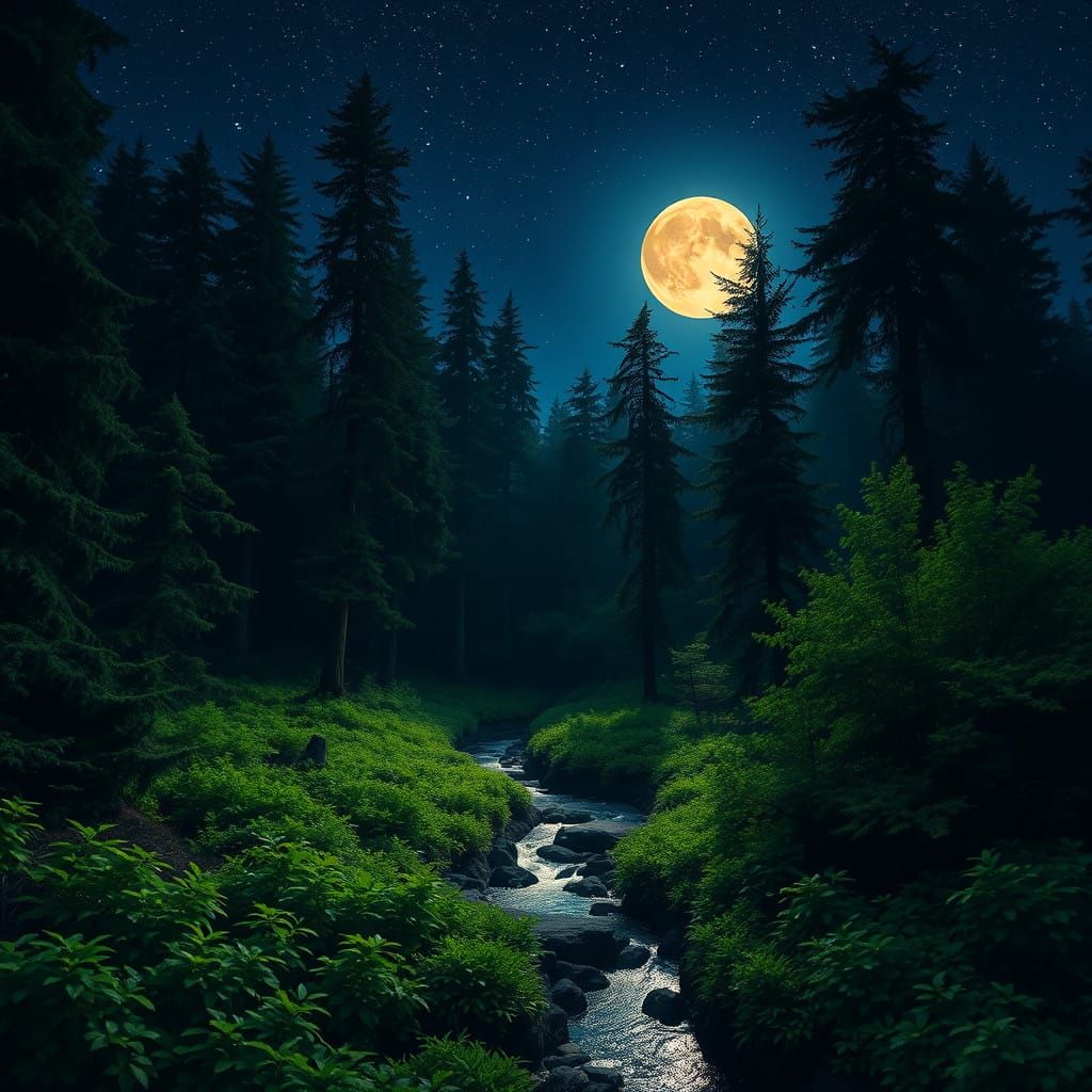 Moonlit Forest Scene in a Dreamlike Atmosphere