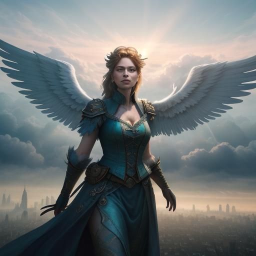 Detailed Angel in Explosive Cityscape, Hyperrealistic Concep...