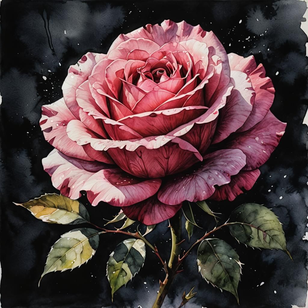Pink Rose Wilting into Darkness: Watercolor Art