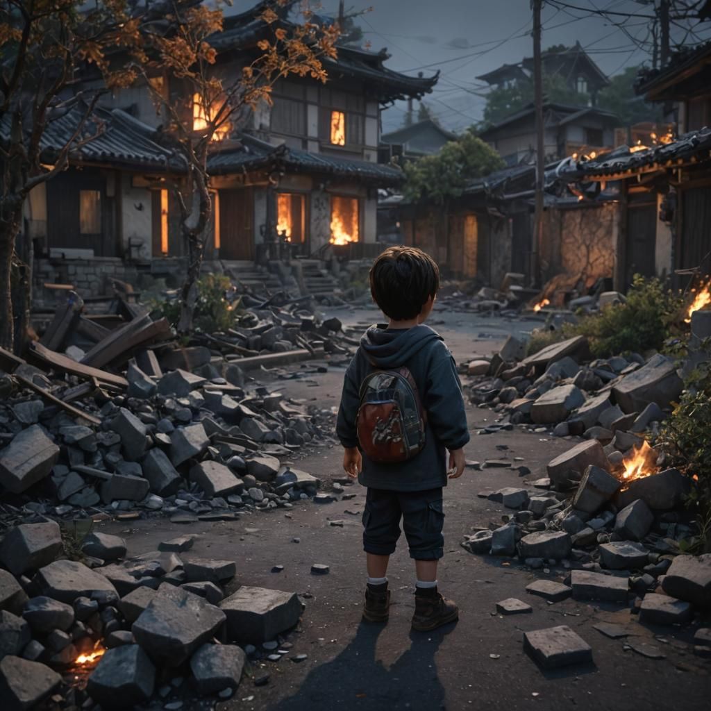 Nighttime Fire in Ruined Japanese Village: Grunge Art