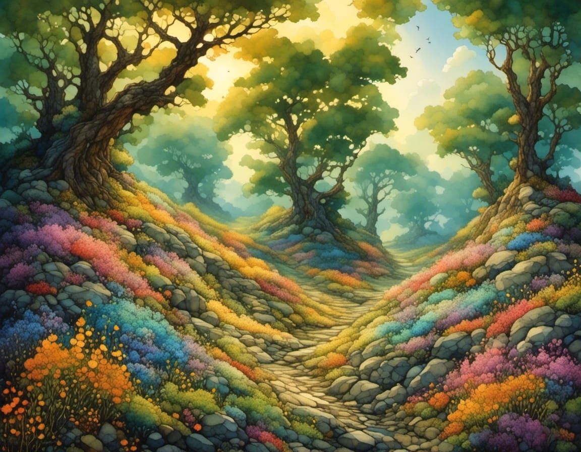 Enchanted Forest Path with Moss and Birds