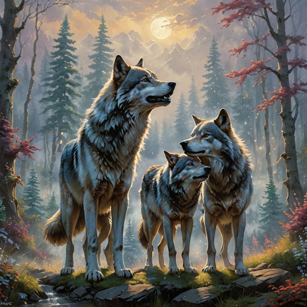 Wolves High Five in Ethereal Fantasy Landscape