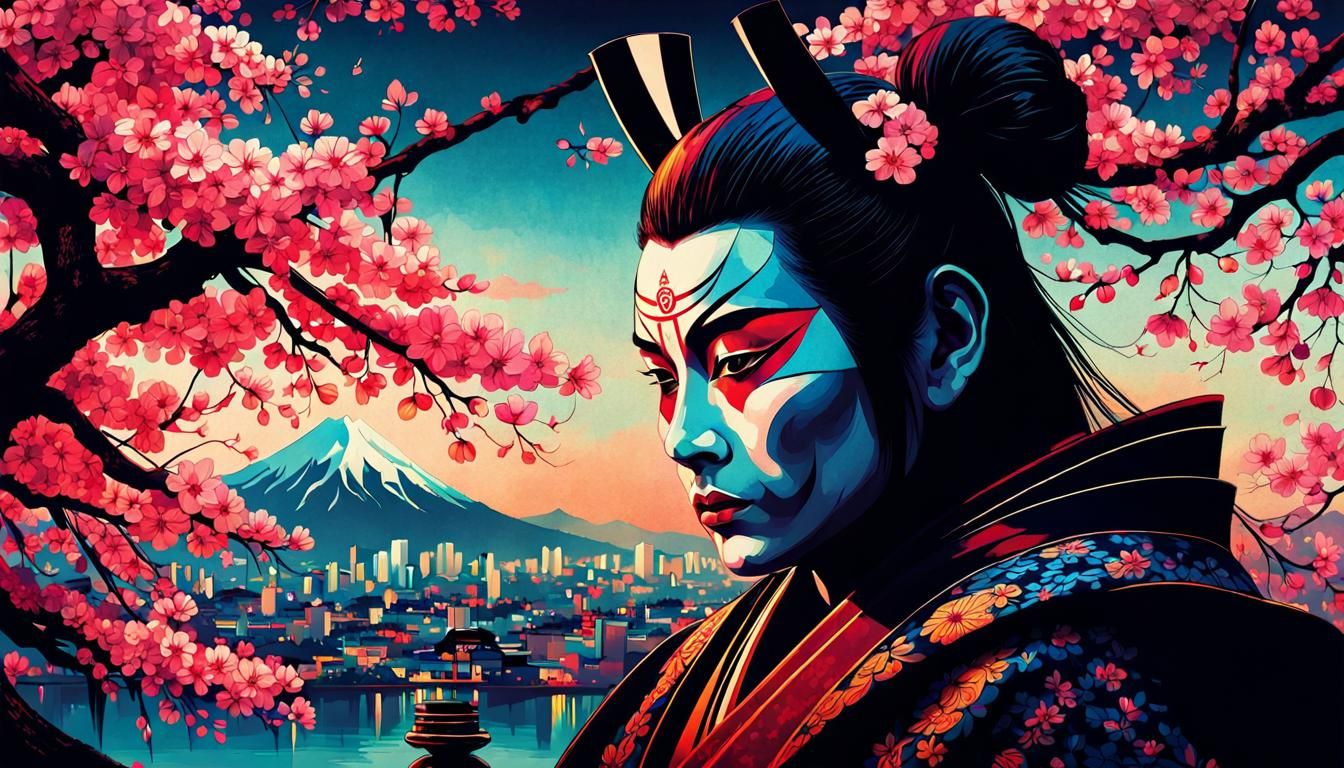 Dramatic Kabuki Performance in Cherry Blossom Spring