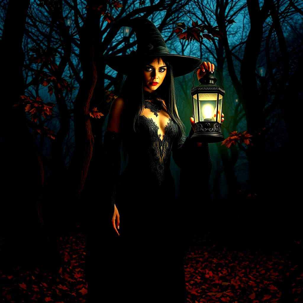 Gothic Witch in Dark Autumn Forest