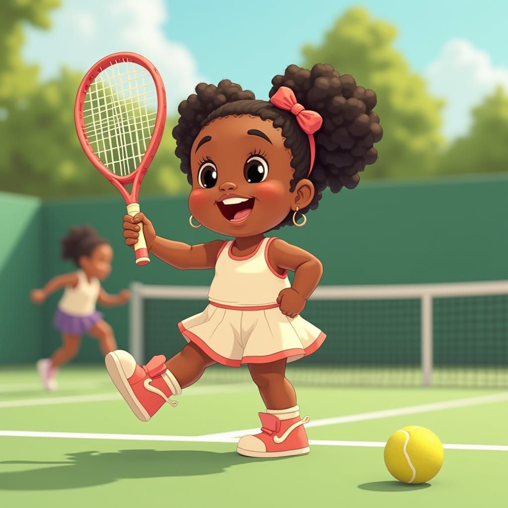 Happy Girl Playing Tennis in Pixar-Inspired Animation