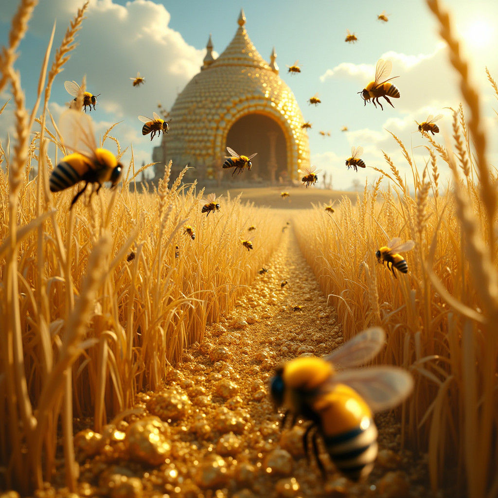 Bees Collecting Gold Dust in a Magical Field