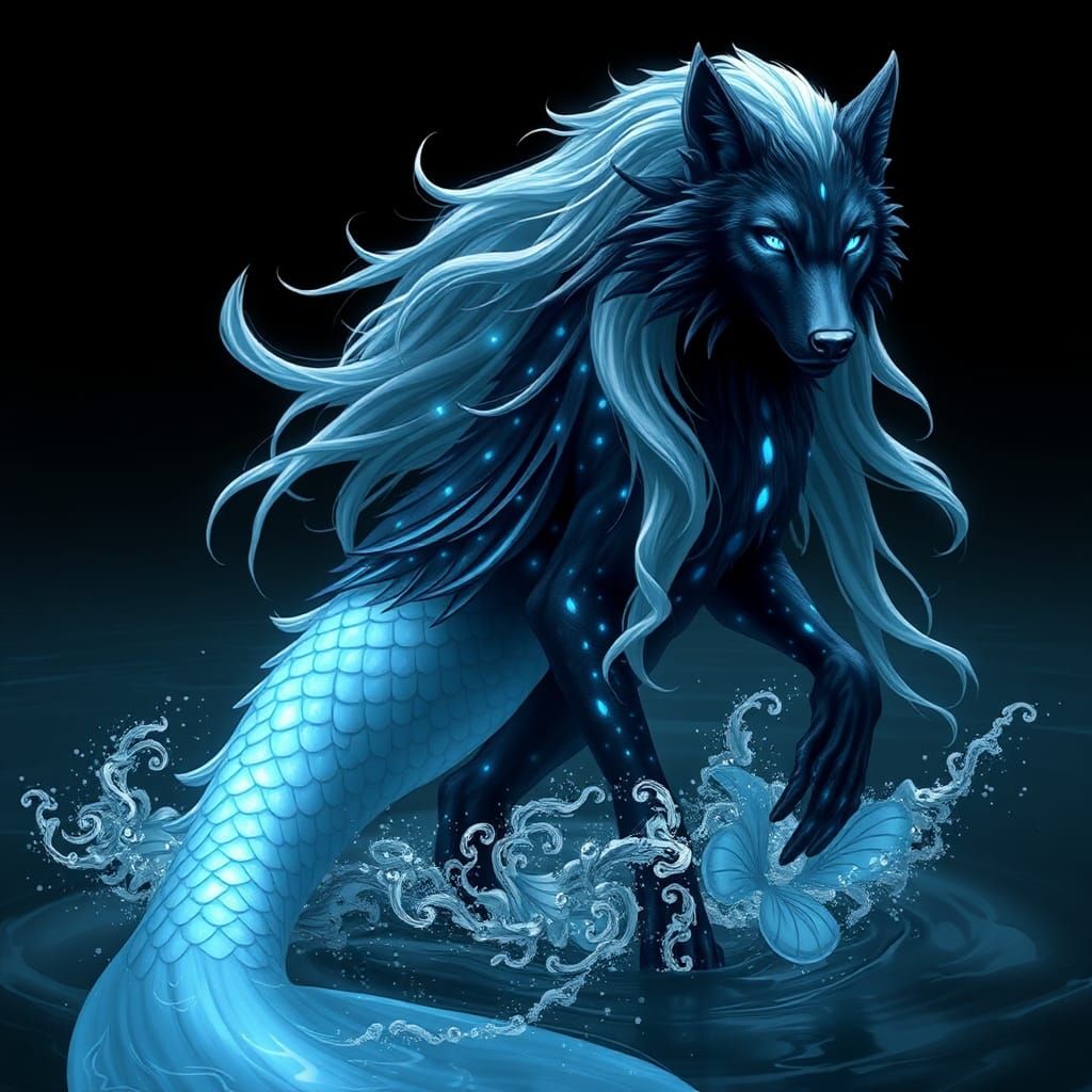 Majestic Wolf Mermaid Hybrid in Dark Fantasy Style