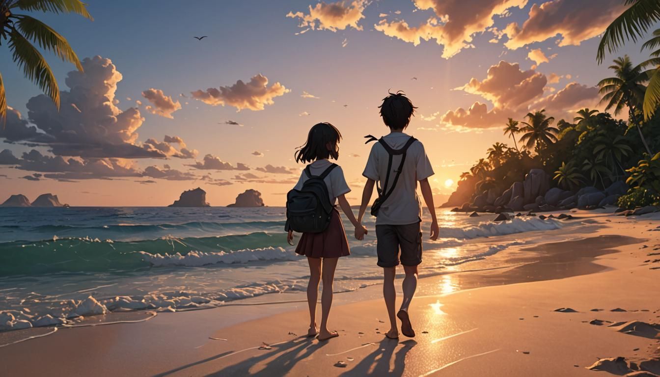 Romantic Sunset on Tropical Beach in 3D Anime Style