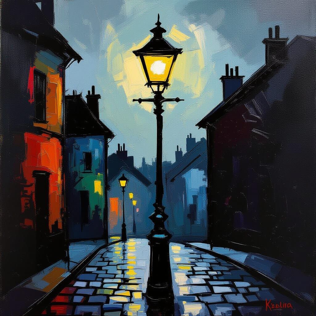 Grumpy Streetlamp on Cobblestone Street in Abstract Style