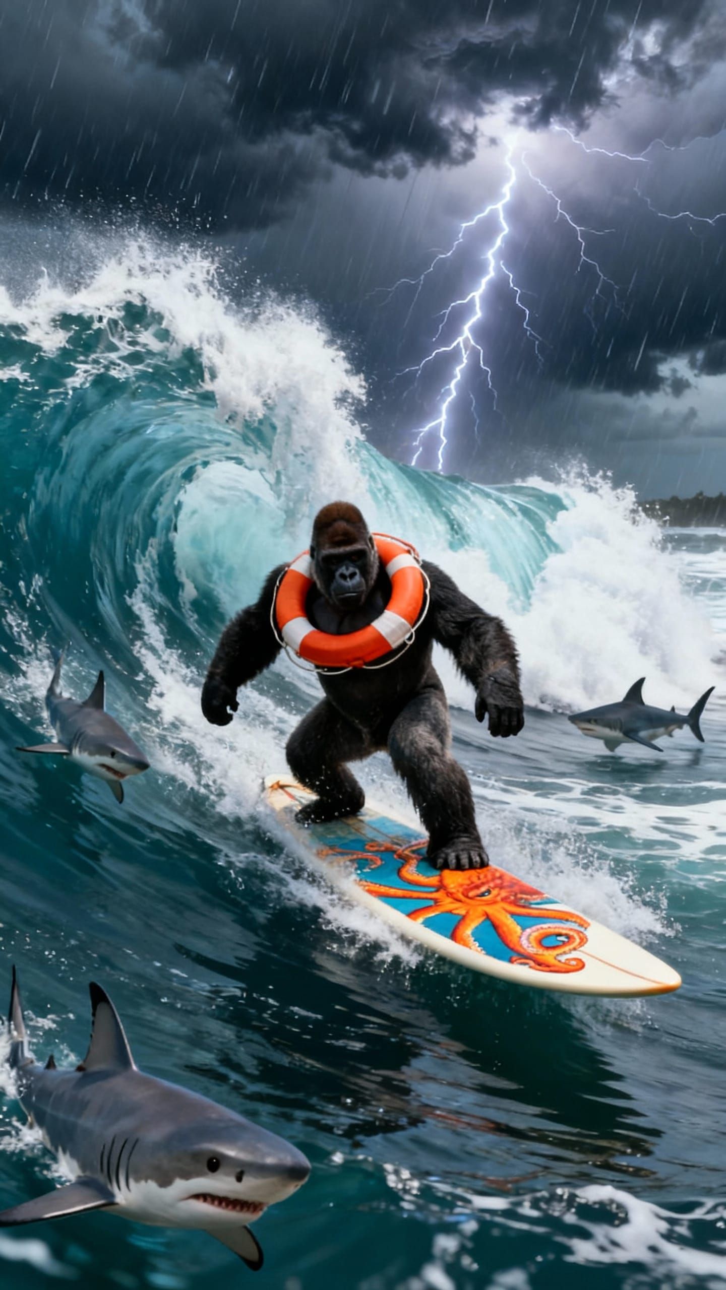 Gorilla Surfing Big Wave During Thunderstorm