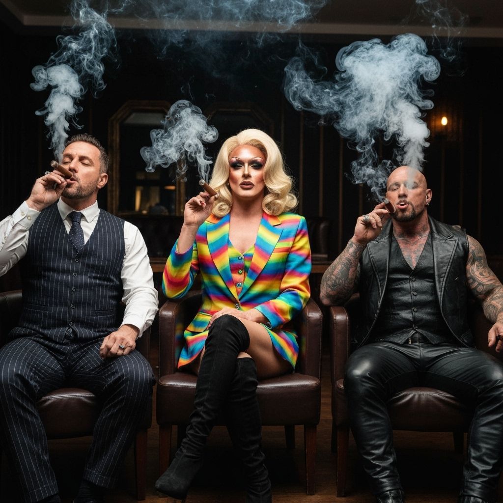 Stylish Trio Smoking Cigars in Smoky Lounge