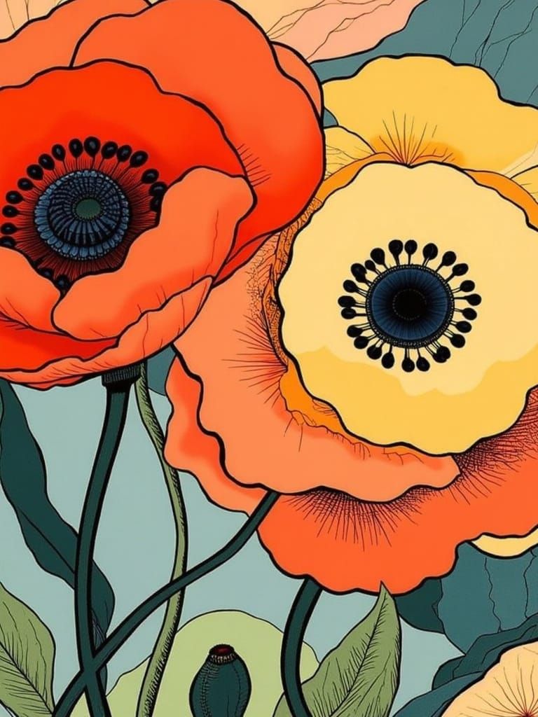Vibrant Japanese-Inspired Poppy Flowers in Bold Illustrative...