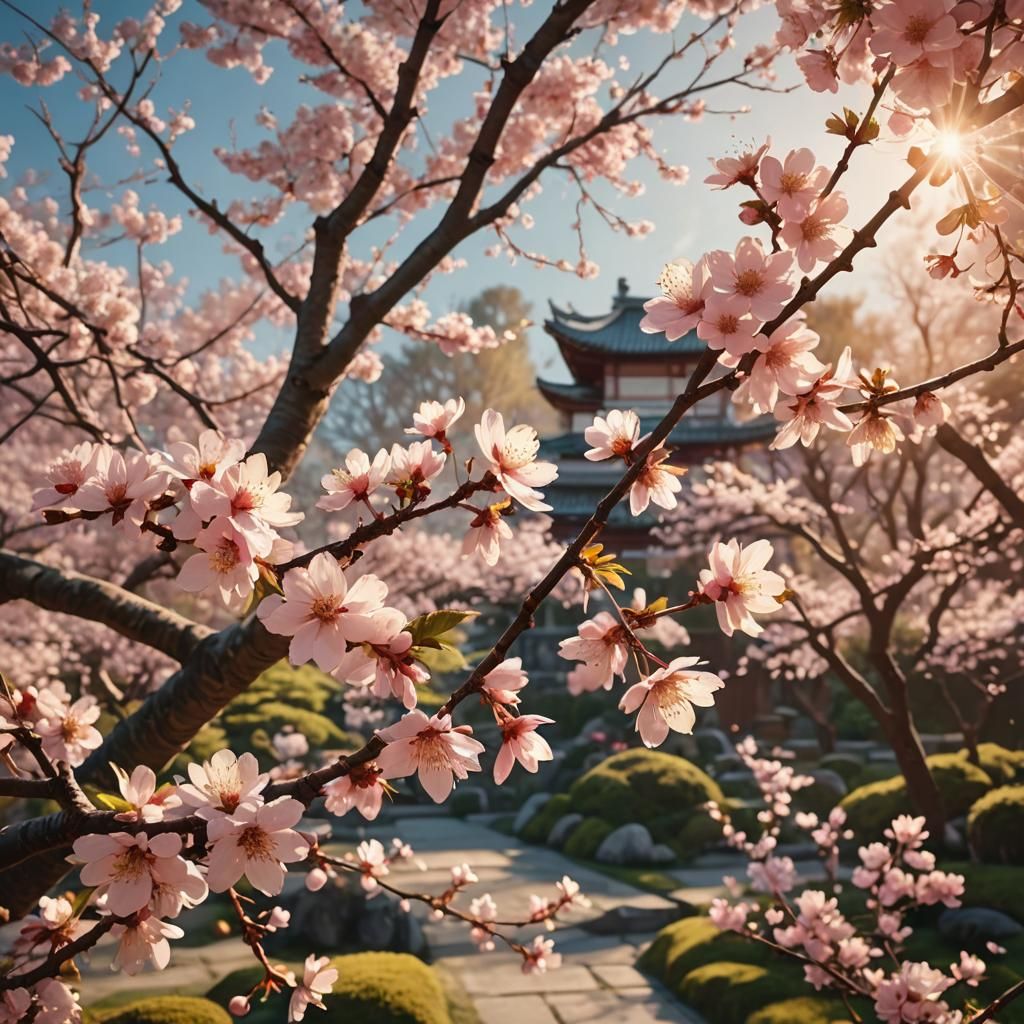 Japanese Garden Cherry Blossoms in Golden Hour