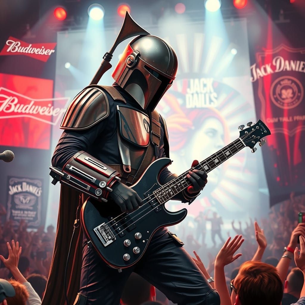 Mandalorian Rocks Out on Black Bass Guitar in Futuristic Con...