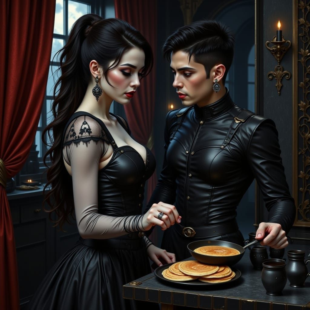 Gothic Lovers Prepare Breakfast in Obsidian Kitchen