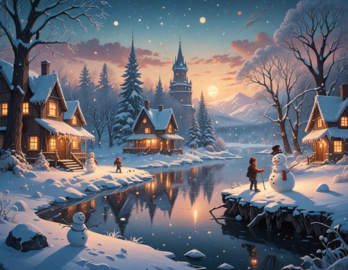 Magical Winter Wonderland: Children Building Snowmen