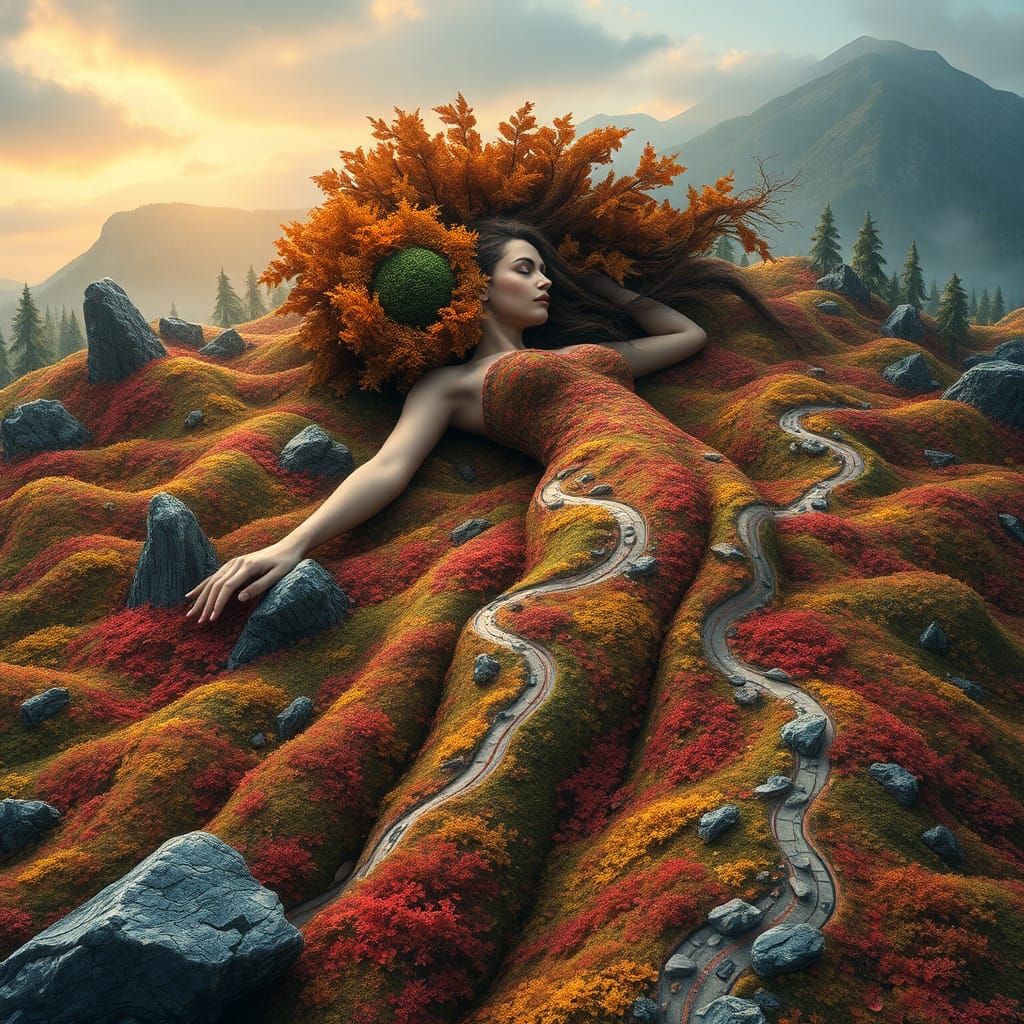 Dreamlike Reclining Maiden Landscape in Hyperrealistic Autum...