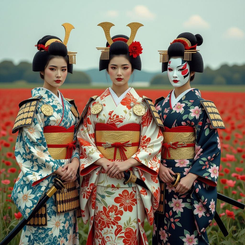 Samurai Tea Warriors in Cherry Blossom Field