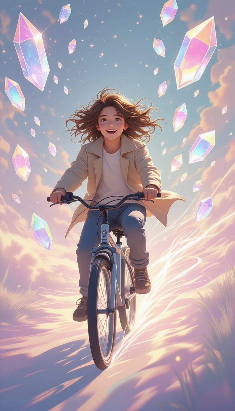 Boy on Bicycle Rides Crystal Path in Magical Realism