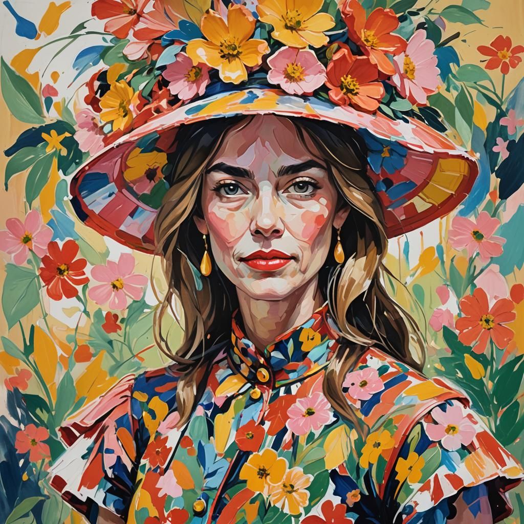 Floral Portrait in Post-Impressionist Gouache Style