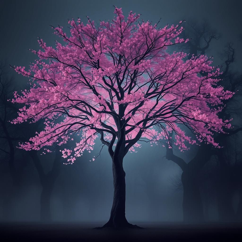 Iridescent Cherry Blossom Tree in Dark Park