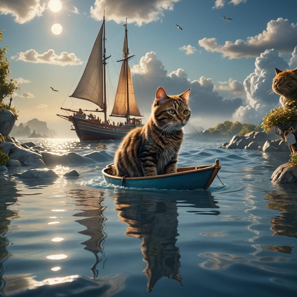 Toy Sailboat and Giant Cat, Cinematic Digital Painting