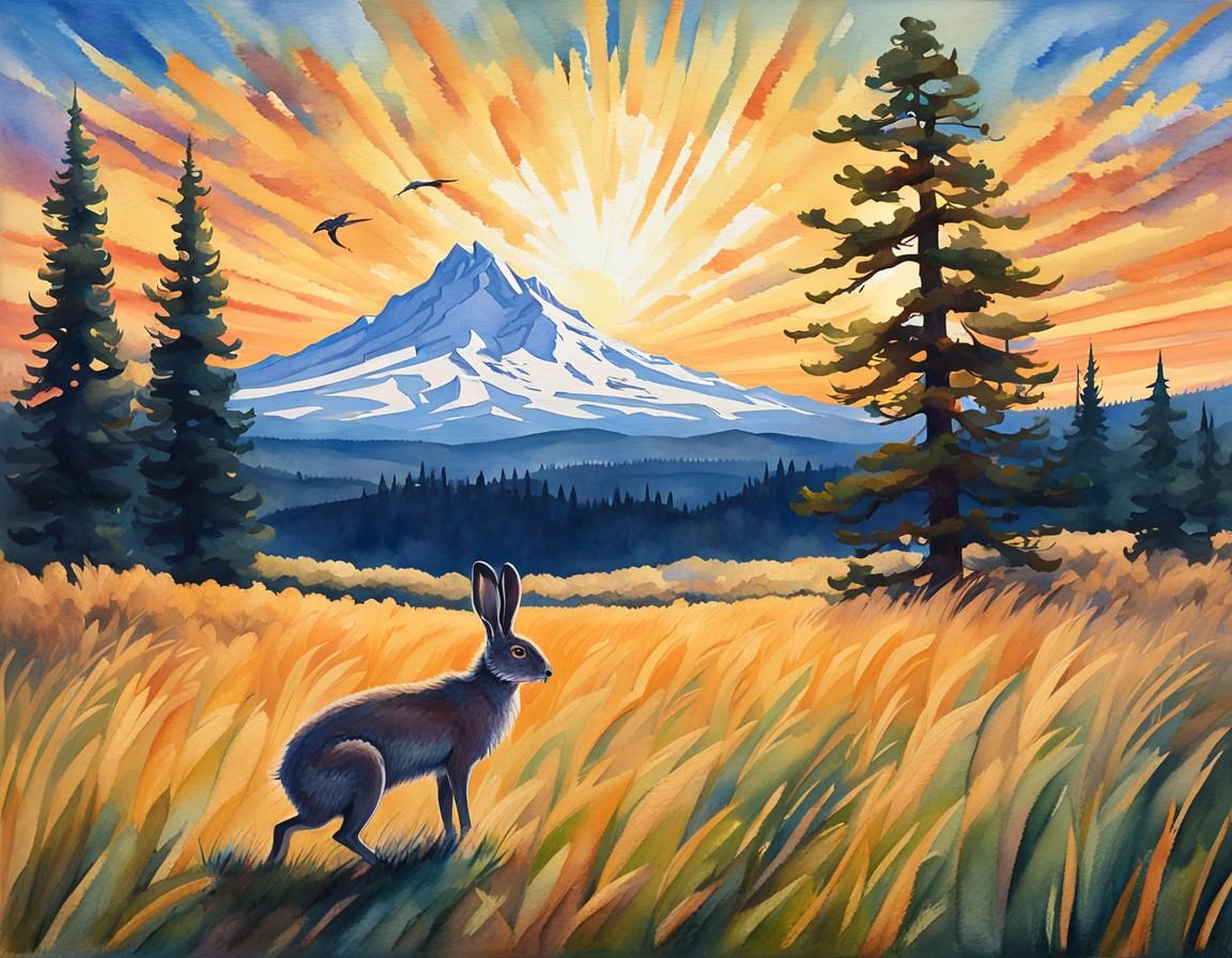 Hare and Hawk in Art Deco Gouache Style