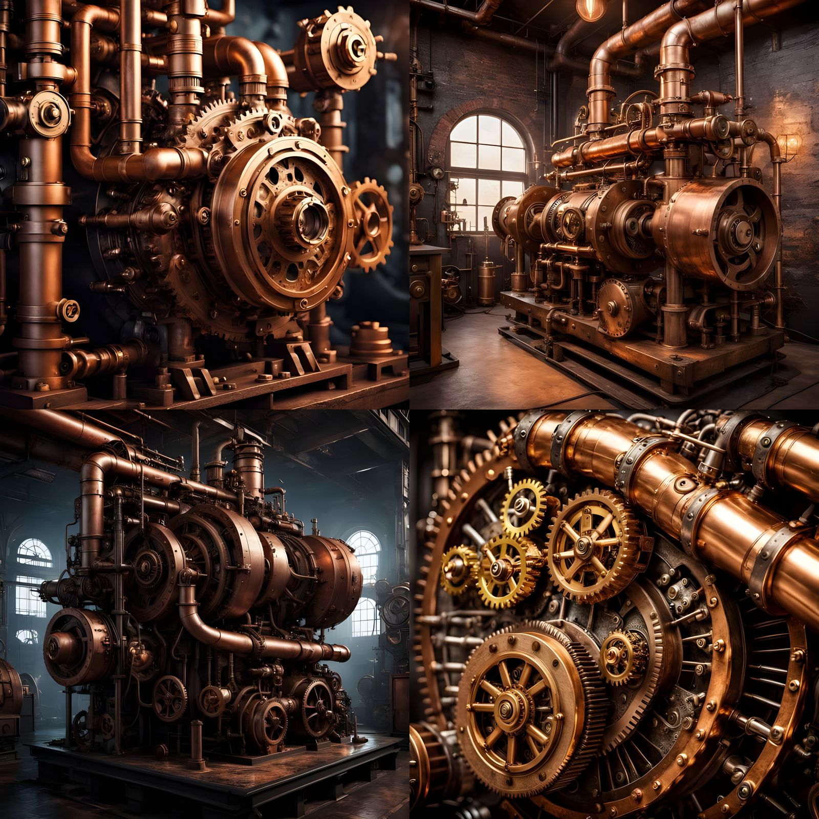 Vibrant Steampunk Engine with Intricate Copper Pipes and Bra...