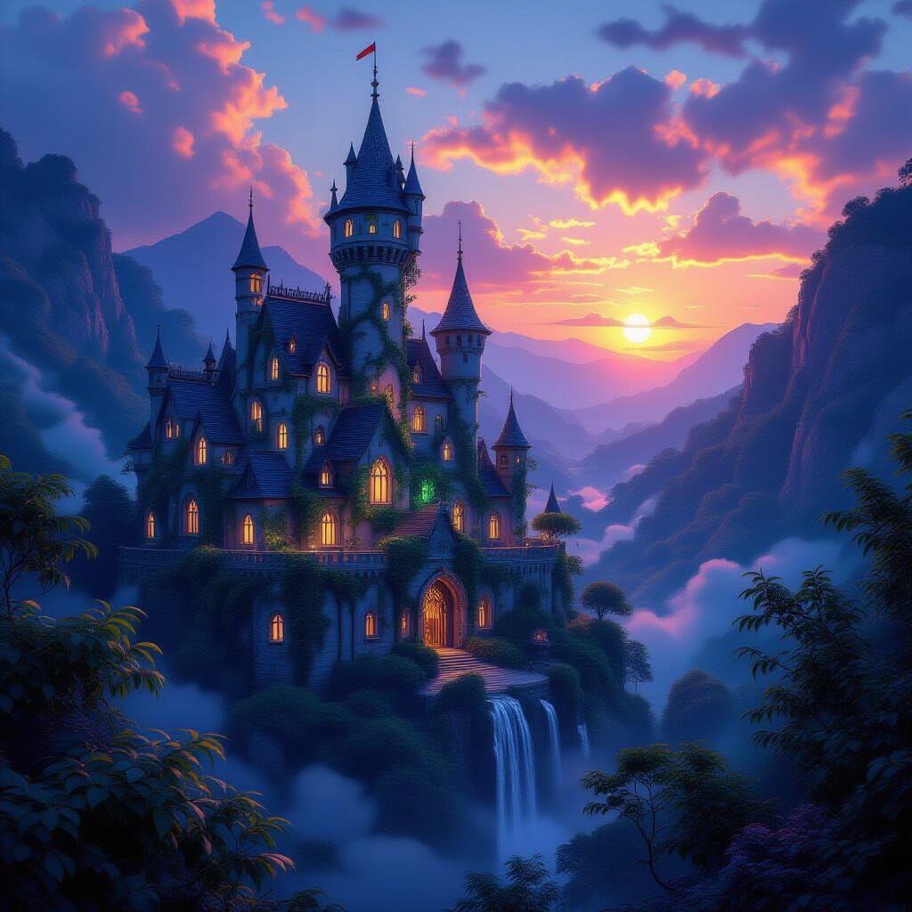 Luminescent Castle in Vine-Covered Valley at Sunset