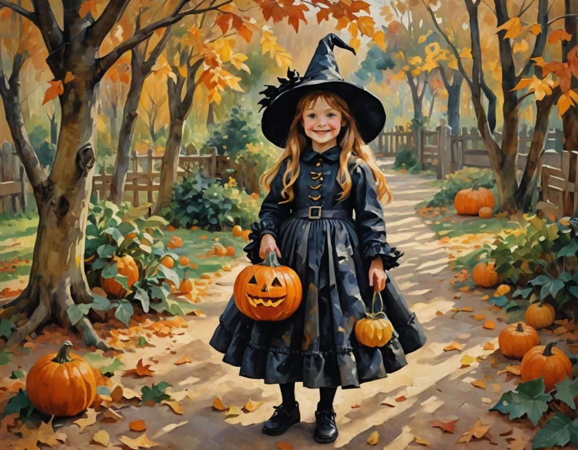 Little Witch with Pumpkin in Impressionist Style