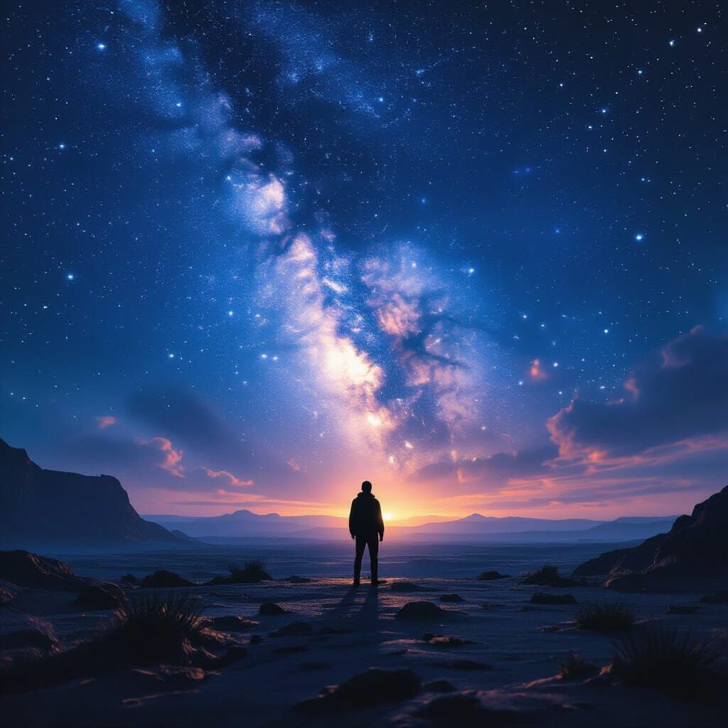 Lone Figure in Alien Landscape Under Nebulae Sky