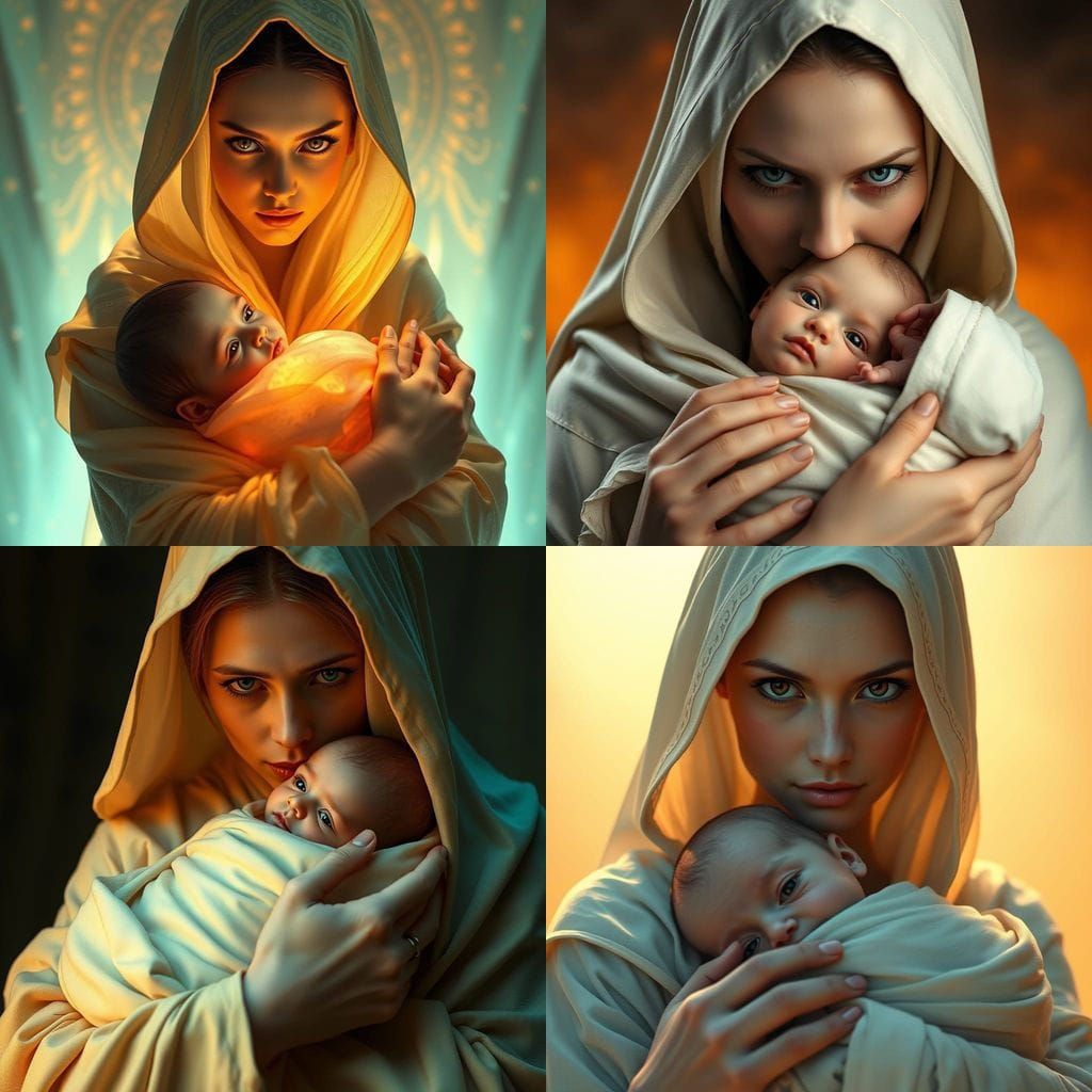 Enigmatic Bene Gesserit Mother in Ethereal Gown with Baby