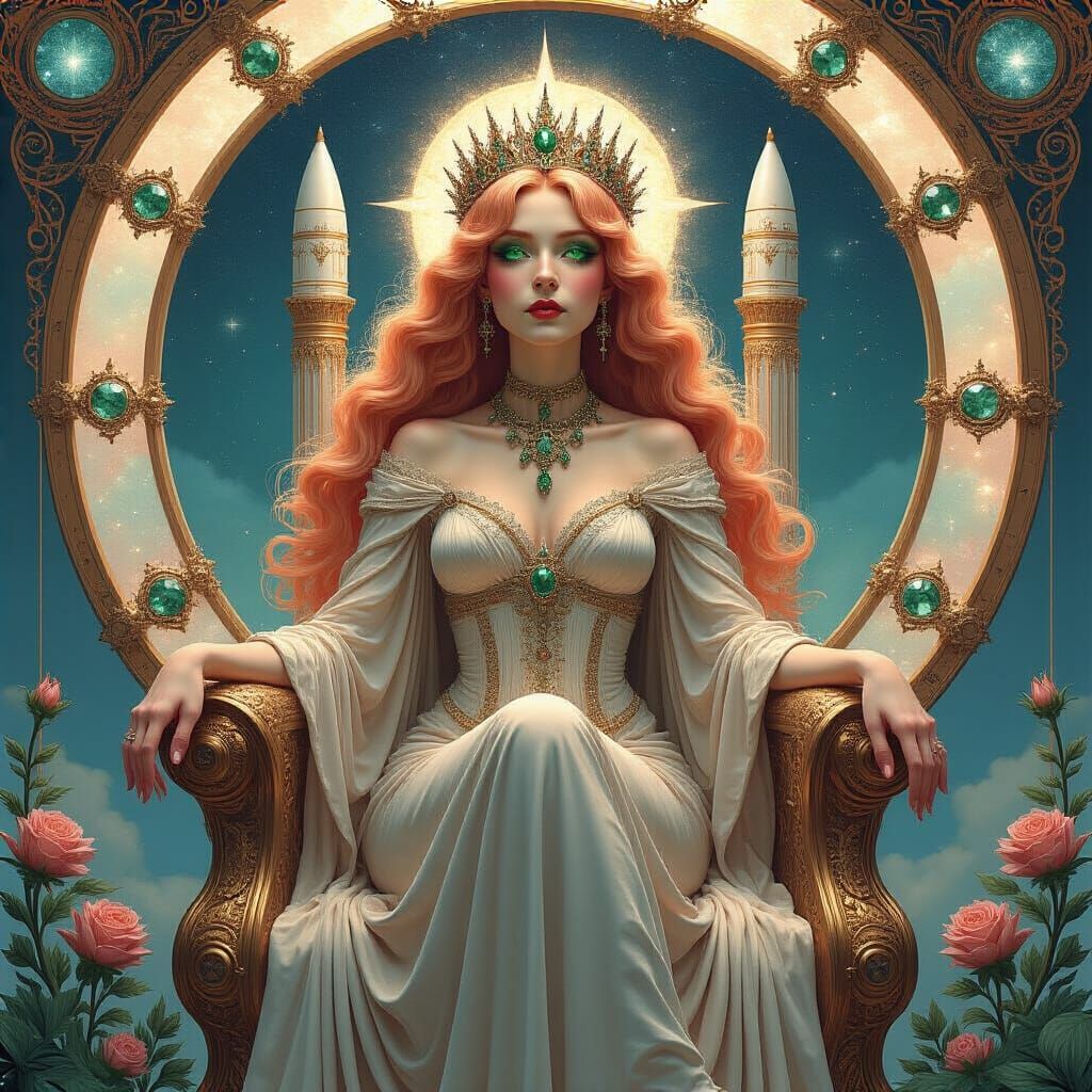 Celestial Empress Portrait in Folk Art Nouveau Style