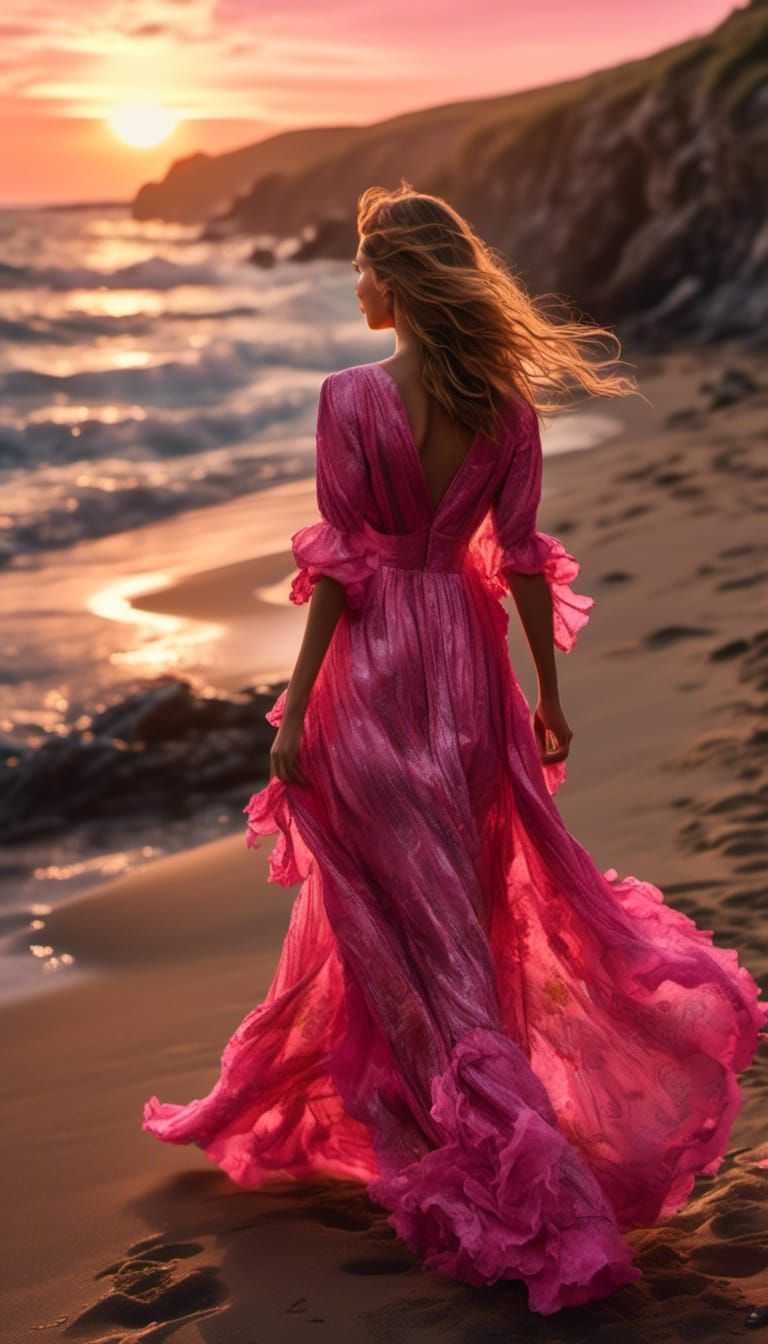 Woman in Hot Pink Dress at Sunset
