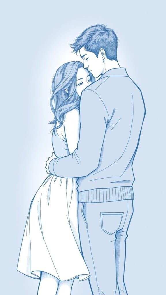 Intimate Couple in Blue Pencil Drawing Style