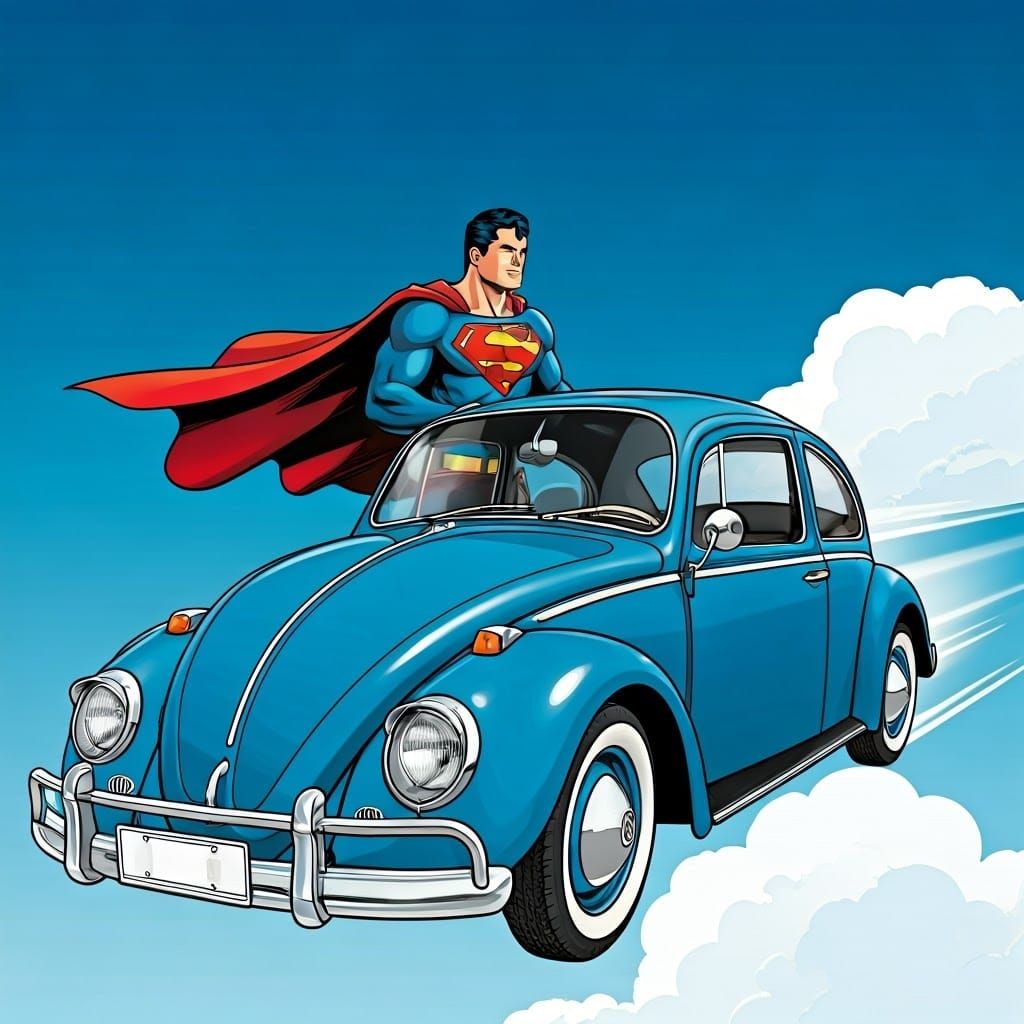Superman Flies VW Beetle: Classic Comic Book Style