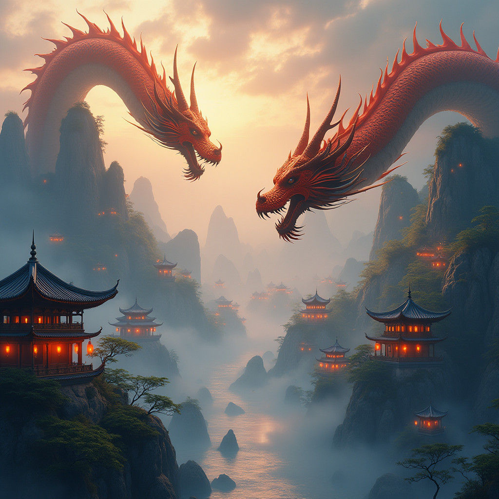 Dragons Soaring Over Ancient China Temples