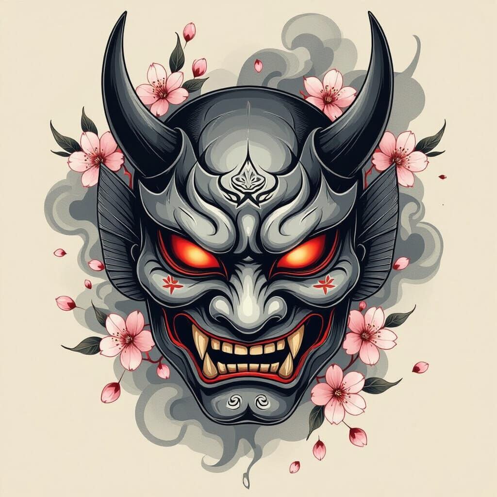 Irezumi Oni Mask with Sakura Petals