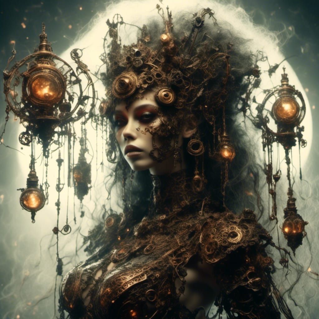 Steampunk Witch Casting Spell with Glowing Robots