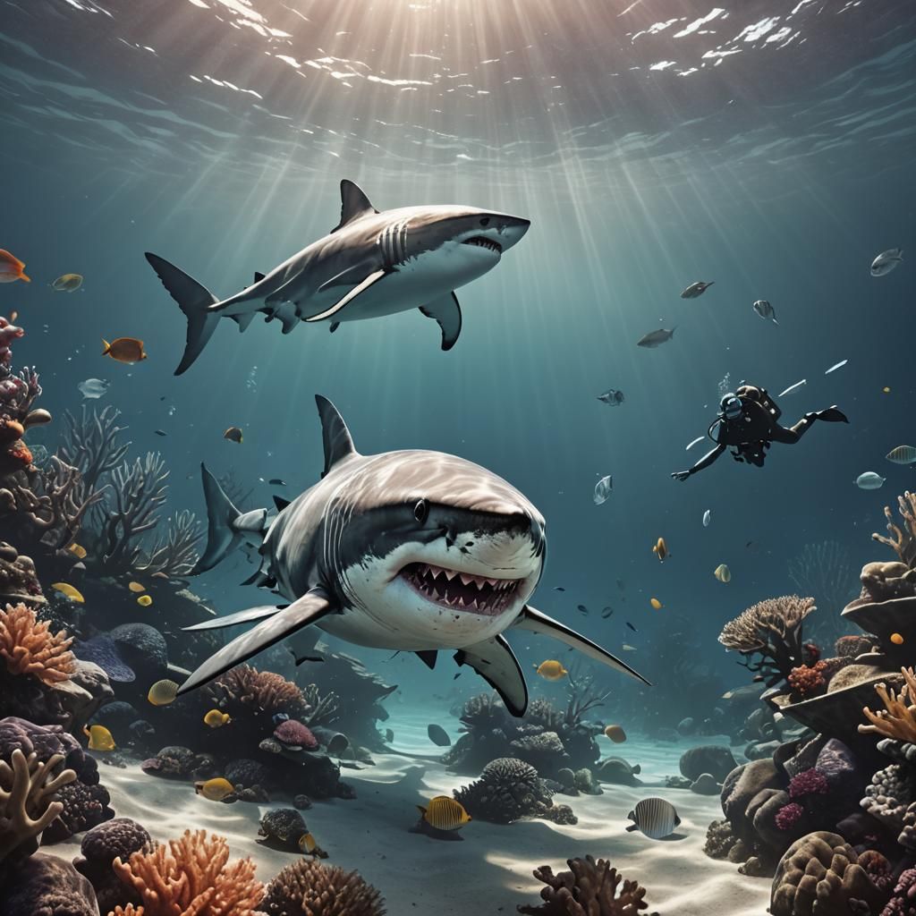 Great White Shark Attack: Underwater Digital Art