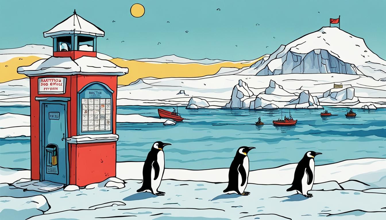 Penguins at a Post Office: Whimsical Ink Poster