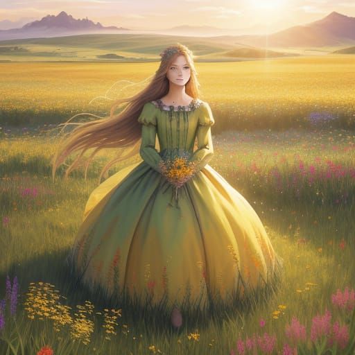 Ethereal Young Girl in Wildflower Field